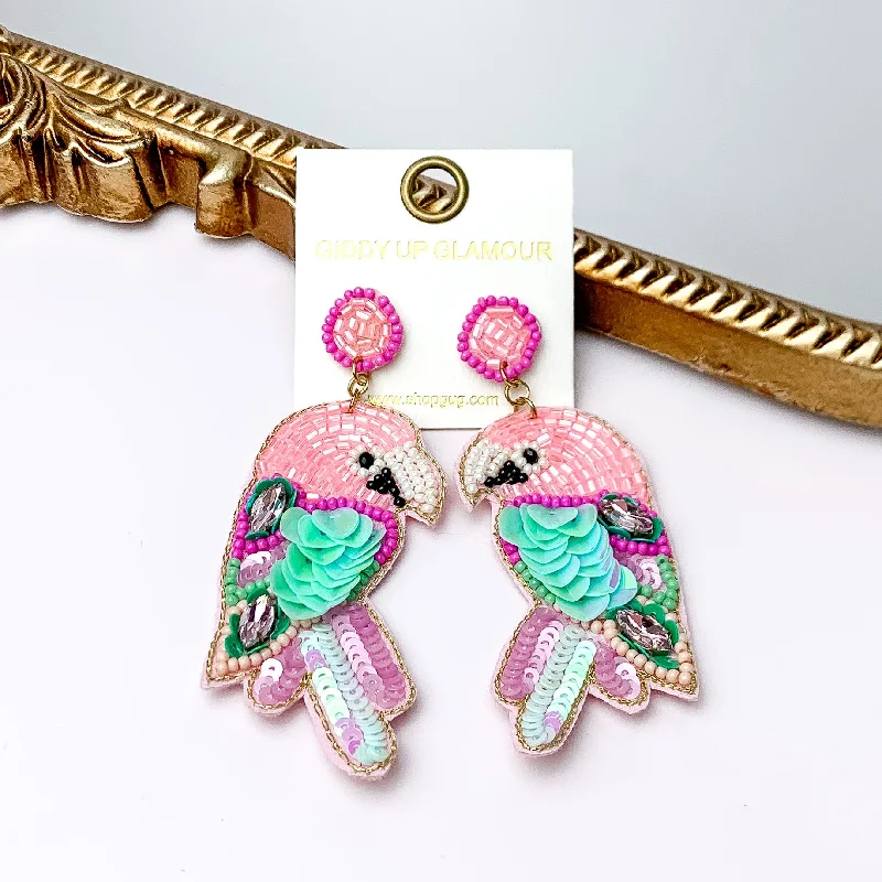 Luxury Gemstone Earrings-Beaded Parrot Earrings in Pink with Two Stones