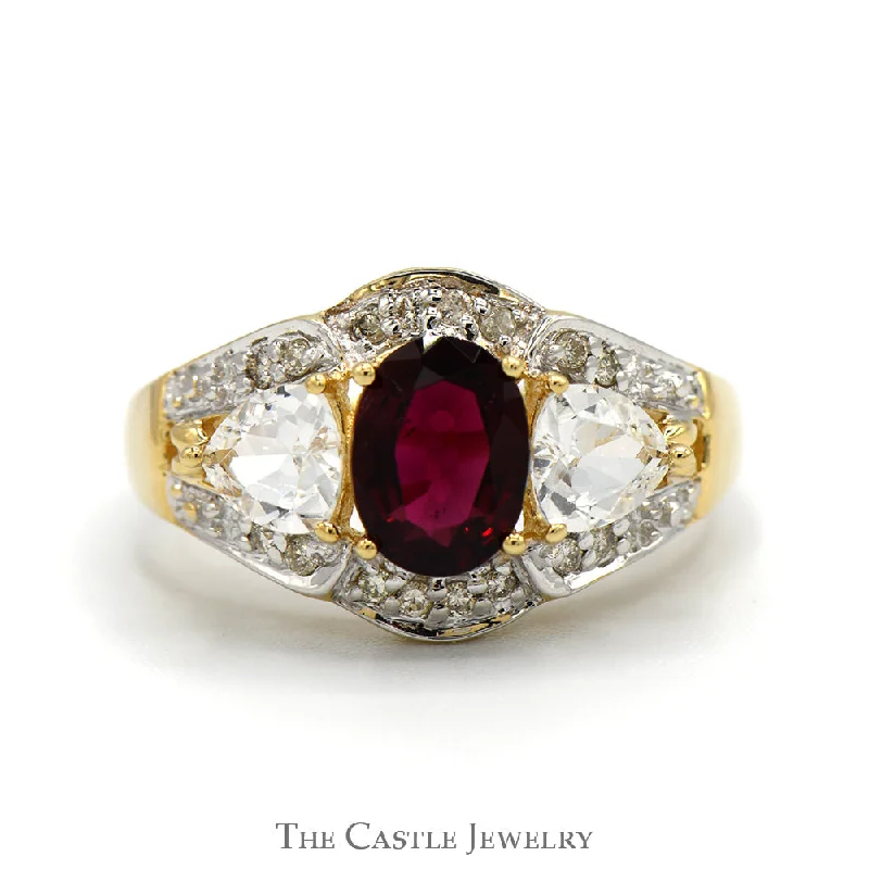 Elegant Silver Ring for Women-Oval Cut Rhodalite Garnet Ring with Trillion Cut Cubic Zirconia & Diamond Accents in 14k Yellow Gold