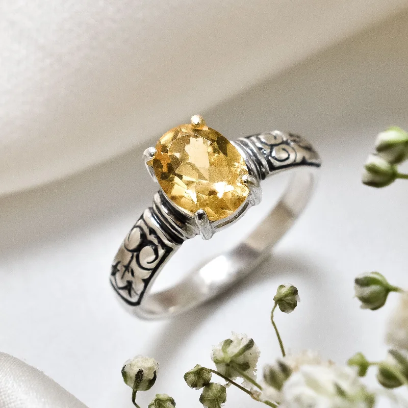 Wedding Ring for Special Occasions-Tribal Citrine Ring - Boho Silver Band - Solitaire Citrine Ring