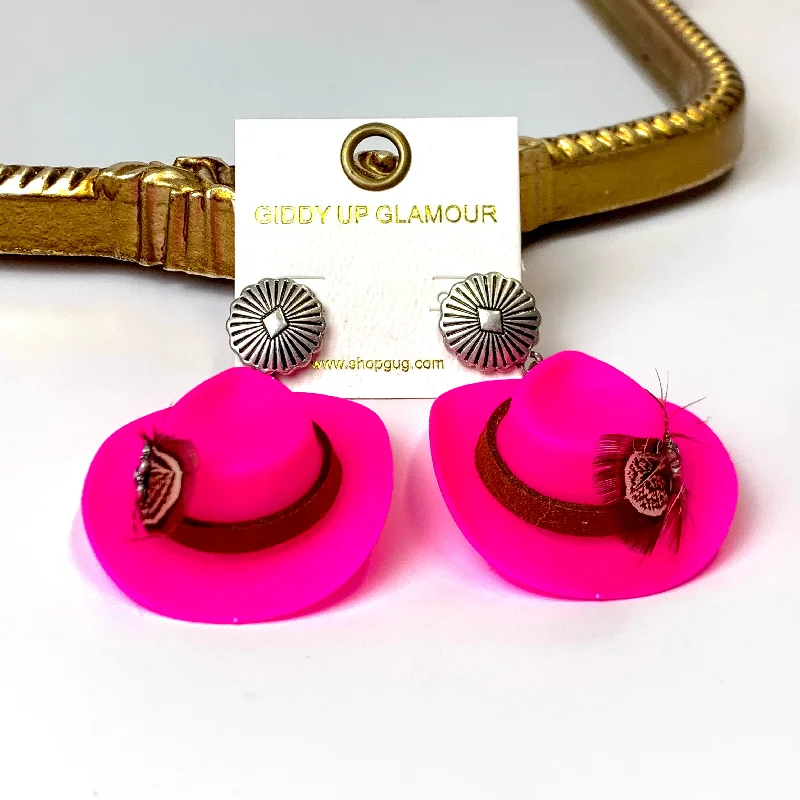 Pearl and Gold Earrings-Fuchsia Pink Cowboy Hat and Feather Drop Earrings