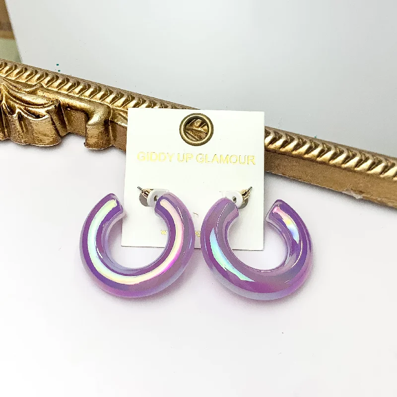 Custom Engraved Earrings-Rainbow Hour Iridescent Chunky Hoop Earrings in Purple