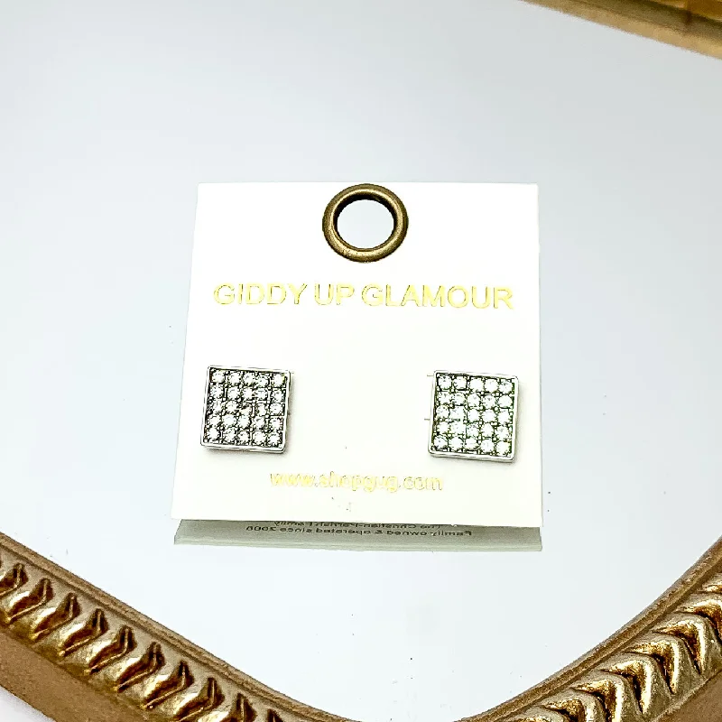 Elegant Earrings for Special Occasions-Square Clear Crystal Stud Earrings in Silver Tone