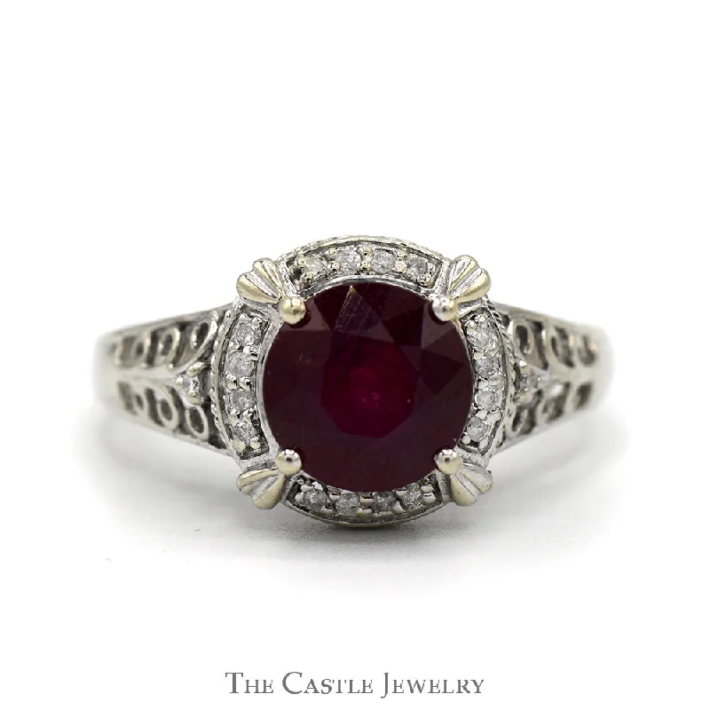 Elegant Wedding Band with Diamonds-Round Ruby Ring with Diamond Bezel and Scrollwork Sides in 10k White Gold