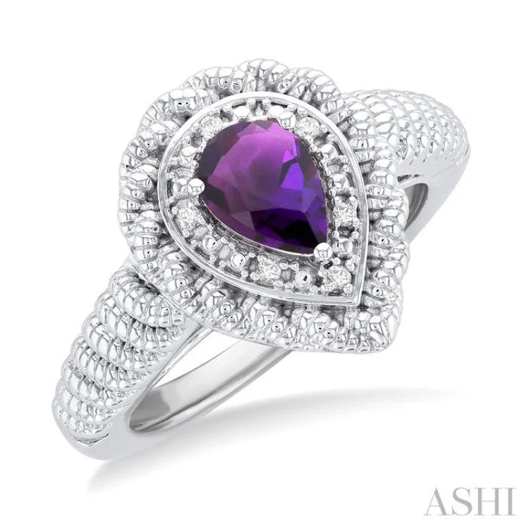 Fashionable Engagement Ring Set-1/20 ctw Pear Cut 7X5MM Amethyst and Round Cut Diamond Semi Precious Ring in Sterling Silver