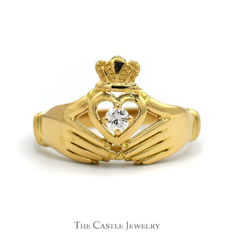 Gorgeous Wedding Band with Diamonds-.15ct Diamond Accented Irish Claddagh Ring in 18k Yellow Gold