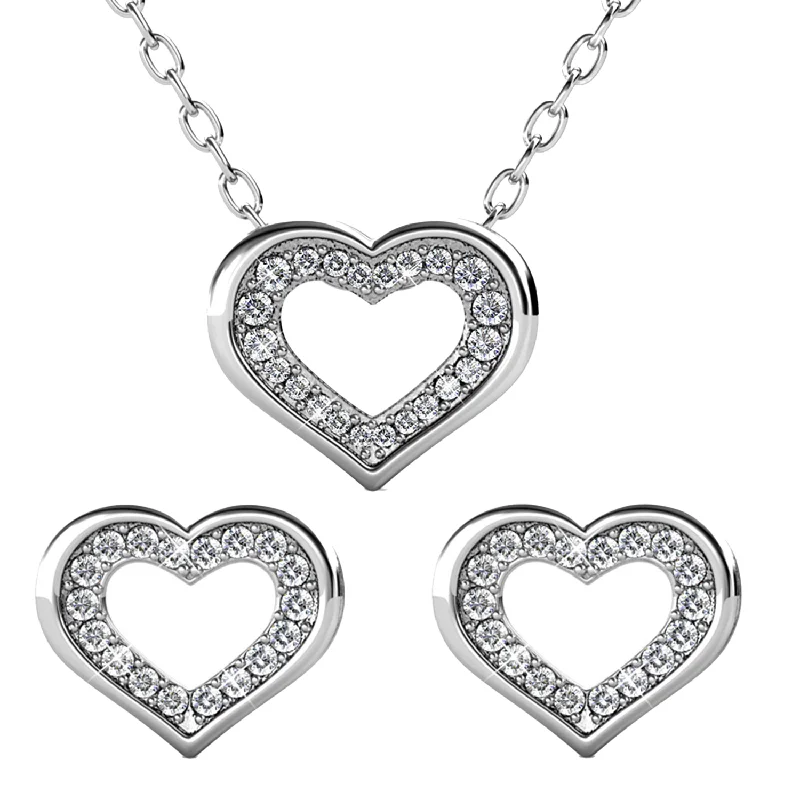 Customizable Crystal Necklace-Dominique 18k White Gold Plated Silver Heart Necklace and Earring Set with Swarovski Crystals