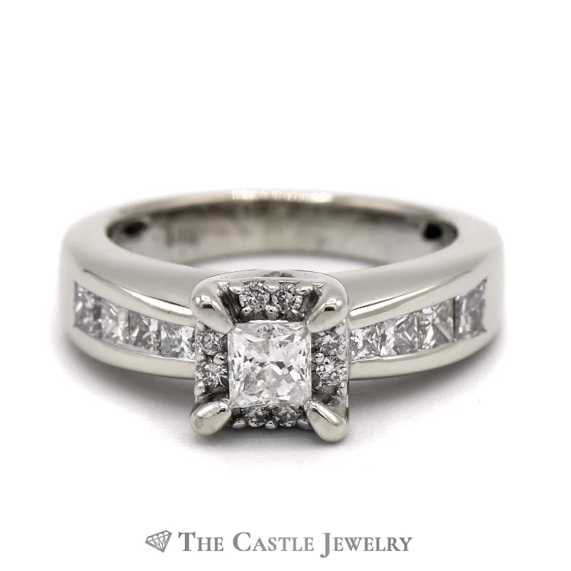 Personalized Diamond Engagement Ring-1cttw Princess Cut Diamond Engagement with Round Diamond Halo & Side Accents in 14k White Gold