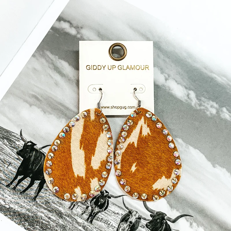 Butterfly Design Earrings-Faux Cowhide Teardrop Earrings with AB Crystal Outline in Ivory and Tan Cow Print