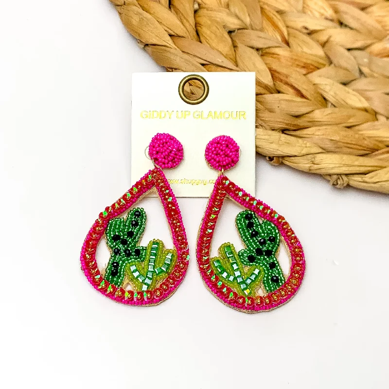 Elegant Bridal Earrings-Beaded Open Teardrop Earrings With Cactus Scene on the Inside in Hot Pink