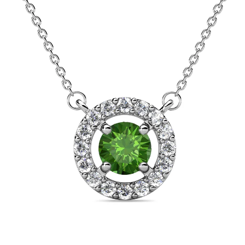 Sparkling Crystal Necklace-Royal 18k White Gold Plated August Birthstone Halo Necklace with Round Cut Peridot Swarovski Crystals