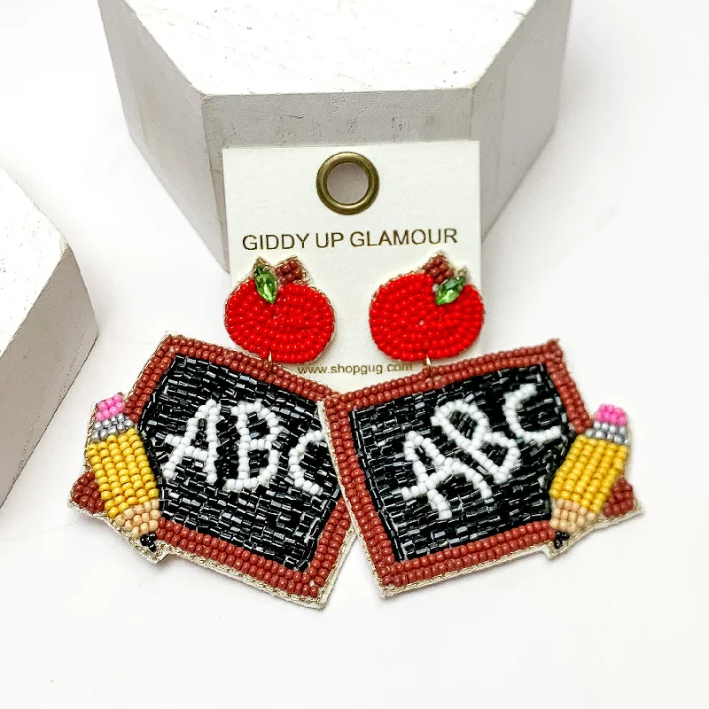 Handmade Dangle Earrings-ABC Chalkboard Beaded Earrings With Red Apple Posts