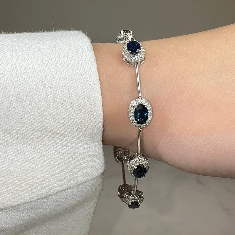 Diamond Bracelet with Gold Links-Oval Shape Sapphire Featuring Diamond Halo 18K White Gold Station Set Bracelet