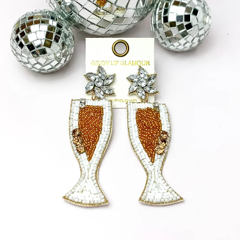 Crystal Earrings for Women-Celebration Beaded Champagne Flutes in White and Gold