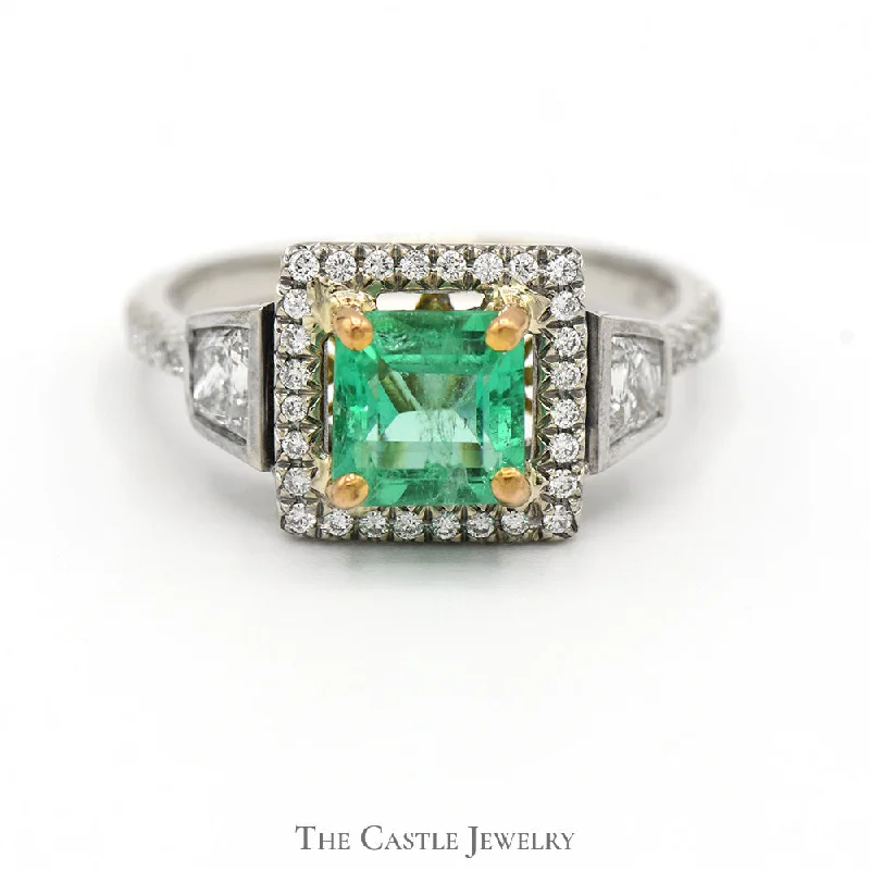 Classic Silver Wedding Ring-Square Emerald Ring with Diamond Halo and Diamond Accents in 18k Two Tone Gold