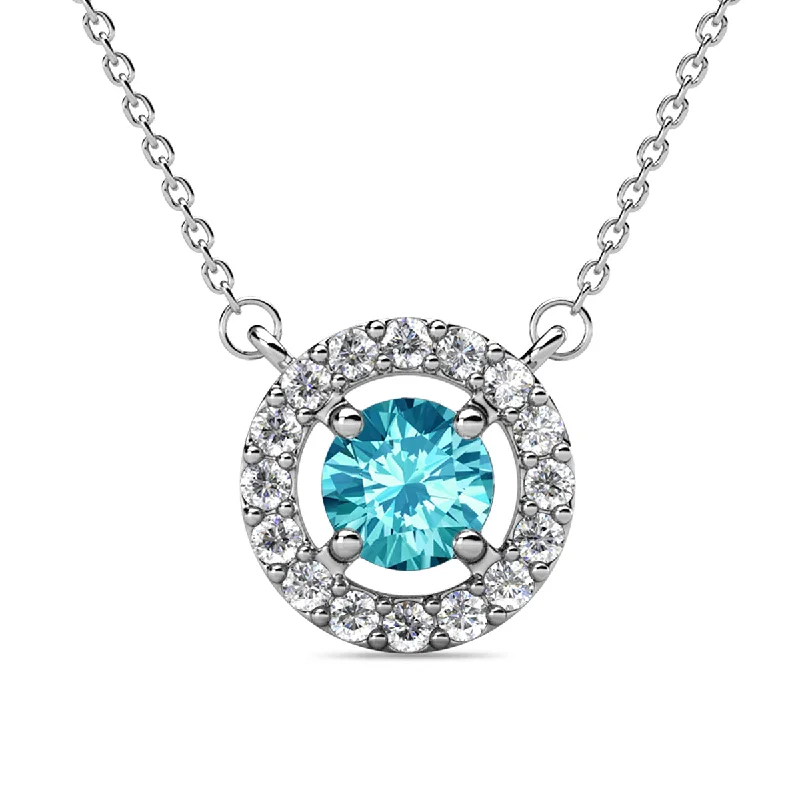 Custom Bridal Necklace-Royal 18k White Gold Plated March Birthstone Halo Necklace with Round Cut Aquamarine Swarovski Crystals