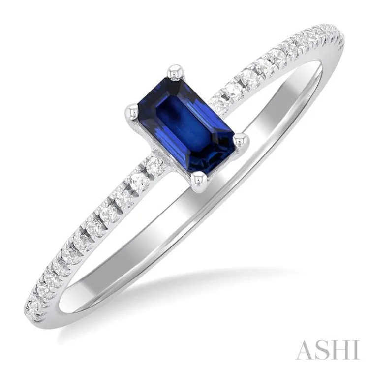 Classic Gold Ring-1/10 ctw Petite 5X3MM Emerald Cut Sapphire and Round Cut Diamond Precious Fashion Ring in 10K White Gold