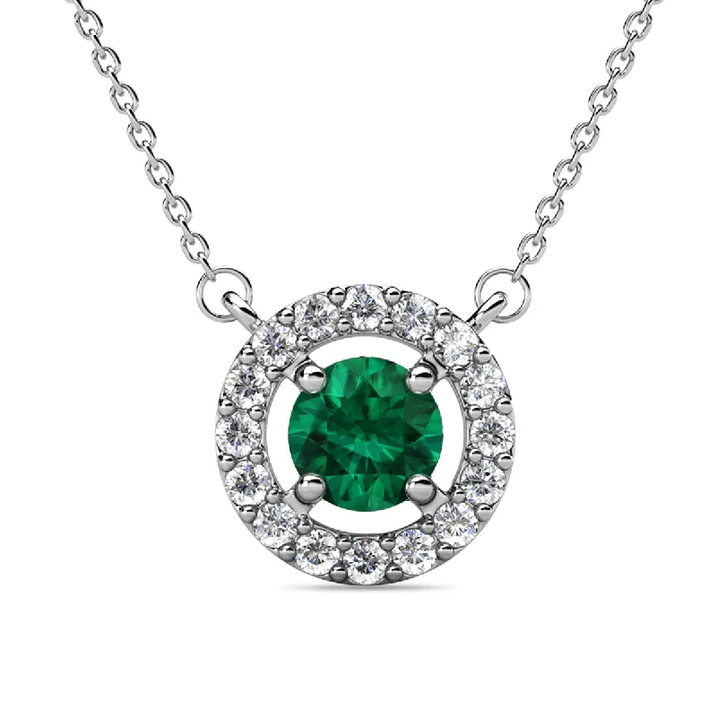 Trendy Choker Necklace-Royal 18k White Gold Plated May Birthstone Halo Necklace with Round Cut Emerald Swarovski Crystals