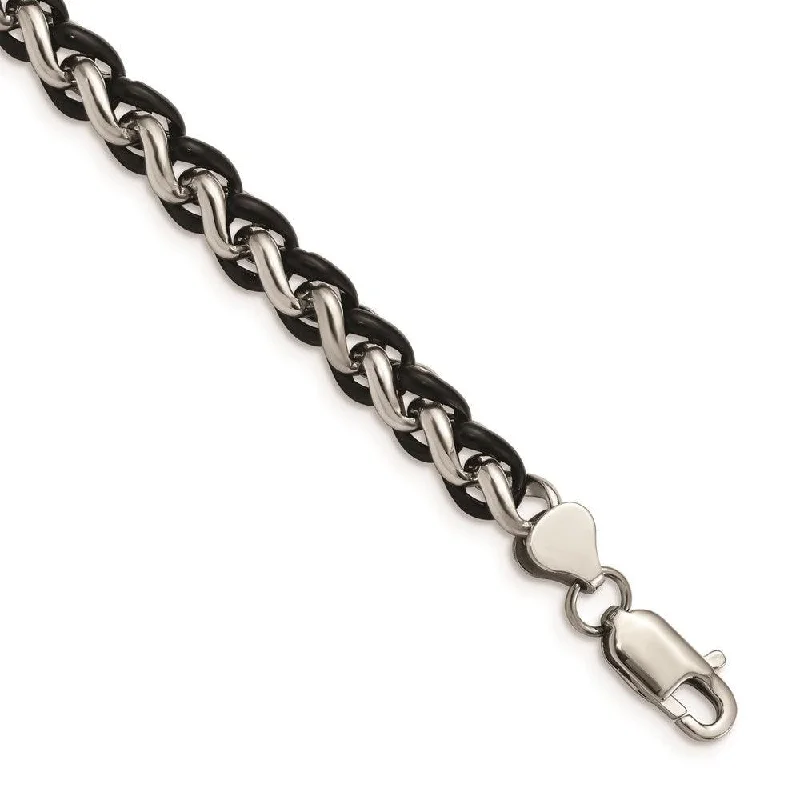 Classic Silver Bracelet-Stainless Steel Polished & Black IP-plated 8.25in Bracelet