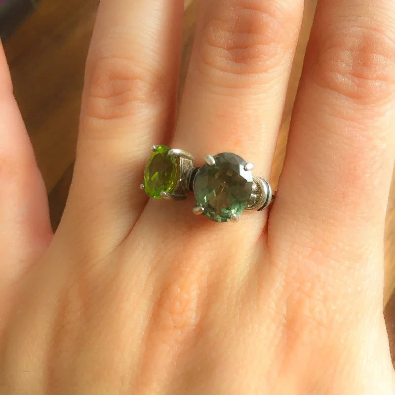 Dainty Gold Ring-Peridot Ring - Green Diamond Ring - Vintage Two Stone Ring