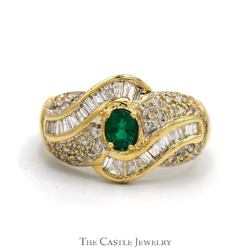 Men's Silver Wedding Band-Oval Emerald Ring with Baguette and Round Diamond Accents in 14k Yellow Gold