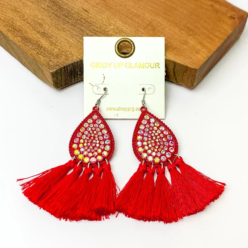 Cute Stud Earrings for Teenagers-AB Crystal Teardrop Earrings with Tassel Trim in Red