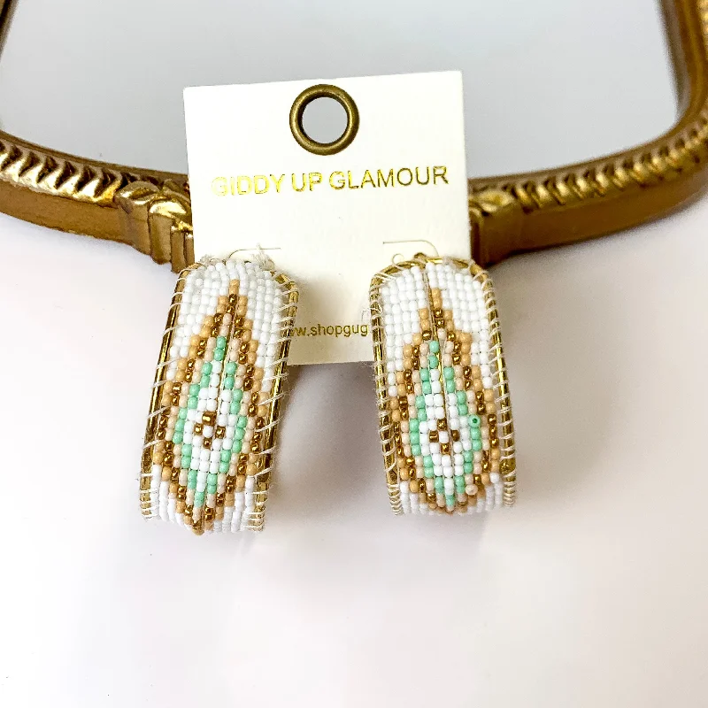 Beaded Dangle Earrings-Aztec Design Beaded Hoop Earrings in White