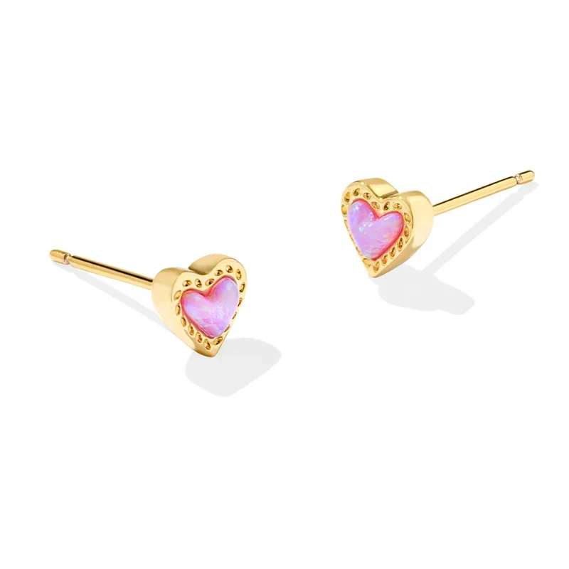 Classic Stud Earrings-Kendra Scott | Mini Ari Gold Heart Stud Earrings in Bubblegum Pink Opal