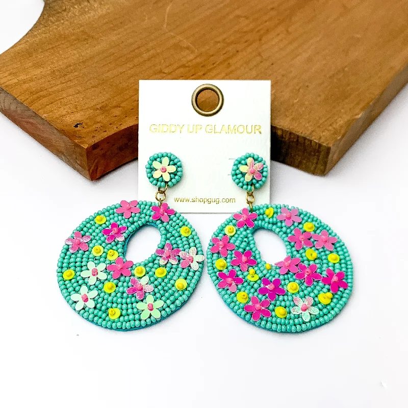 Artistic Drop Earrings-Turquoise Beaded Circular Drop Earrings with Floral Designs