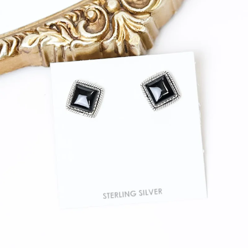 Gold Hoop Earrings-Hada Collection | Handmade Sterling Silver Square Shaped Stud Earrings with Black Onyx Stones