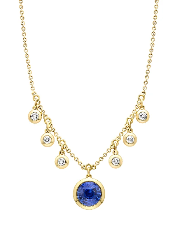 Long Beaded Necklace-Beach Sapphire and Diamond Yellow Gold Pendant