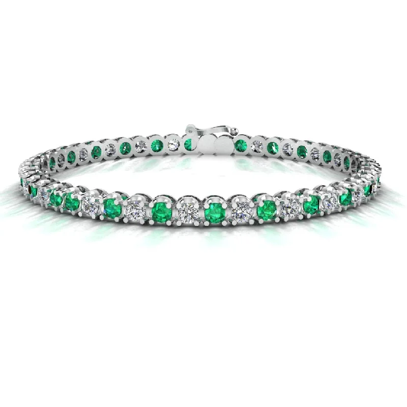 Customizable Silver Tennis Bracelet-Round Brilliant Diamond and Emerald Bracelet BRDE45558