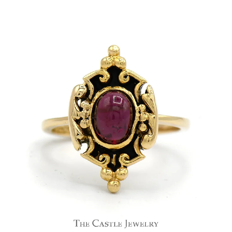 Birthstone Engagement Ring-Oval Cabochon Garnet Ring in 14k Yellow Gold Ornate Shield Designed Mounting