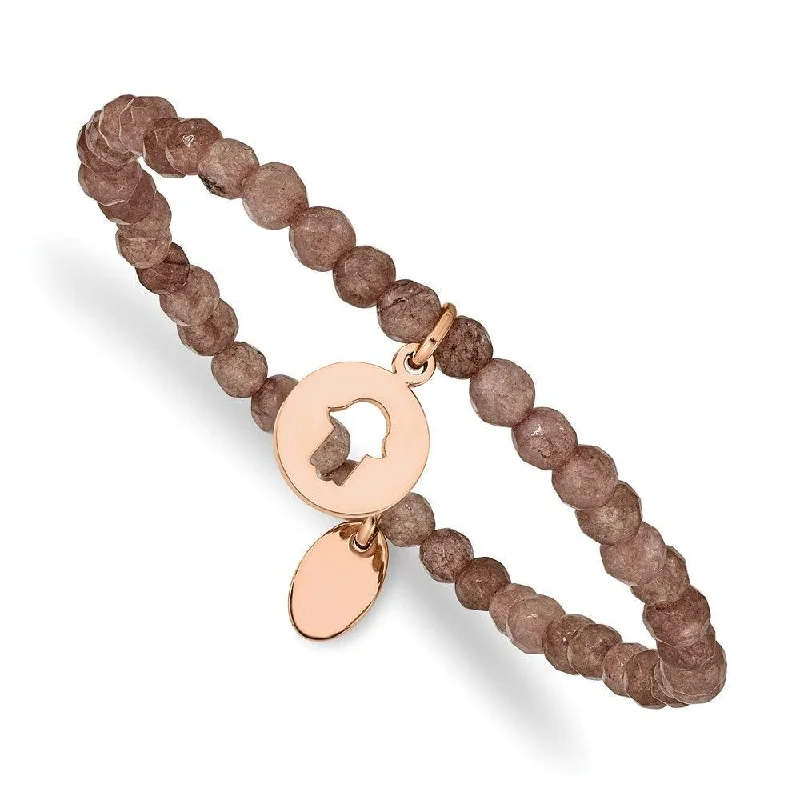 Custom Leather Charm Bracelet-Stainless Steel Polished Rose IP Hamsa Brown Jade Stretch Bracelet