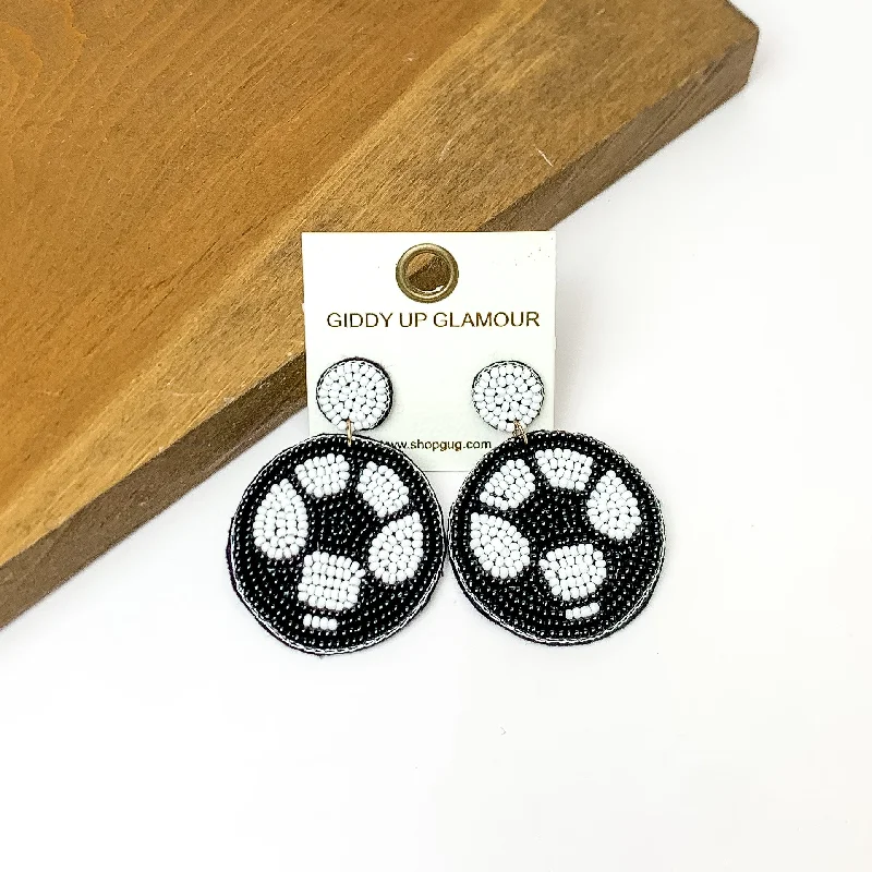 Retro Earrings for Women-Soccer Ball Circular Beaded Earrings in Black