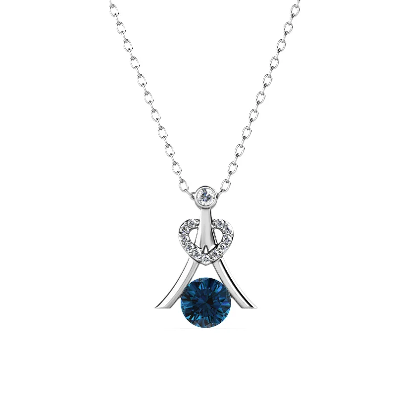 Simple Silver Pendant Necklace-Serenity December Birthstone Blue Topaz Necklace, 18k White Gold Plated Silver Necklace with Round Cut Swarovski Crystals