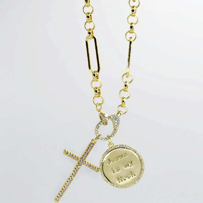 Gold Pendant Necklace-Jesus is my Rock Gold Necklace I-27