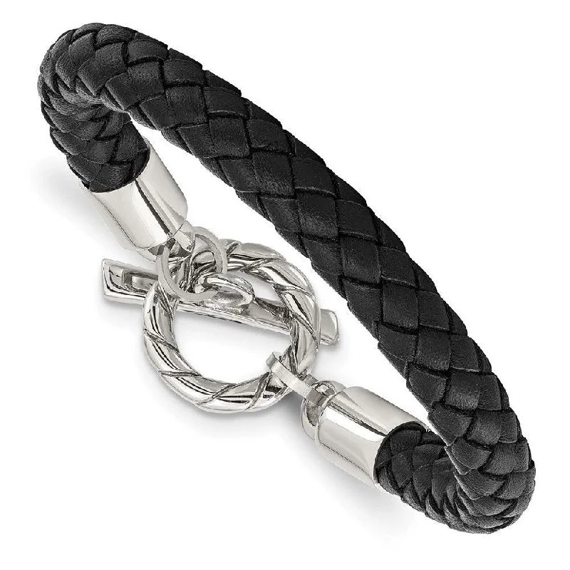 Men’s Leather Bracelet-Stainless Steel Leather Polished Toggle Bracelet