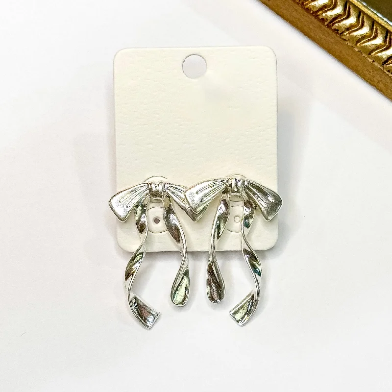 Artistic Drop Earrings-Ribbons and Bows Silver Tone Earrings