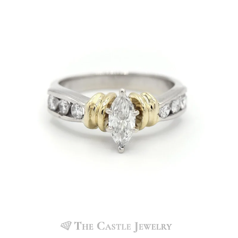 Antique Style Engagement Ring-1cttw Marquise Diamond Engagement Ring with Round Diamond Accents in 10k Two Tone Gold