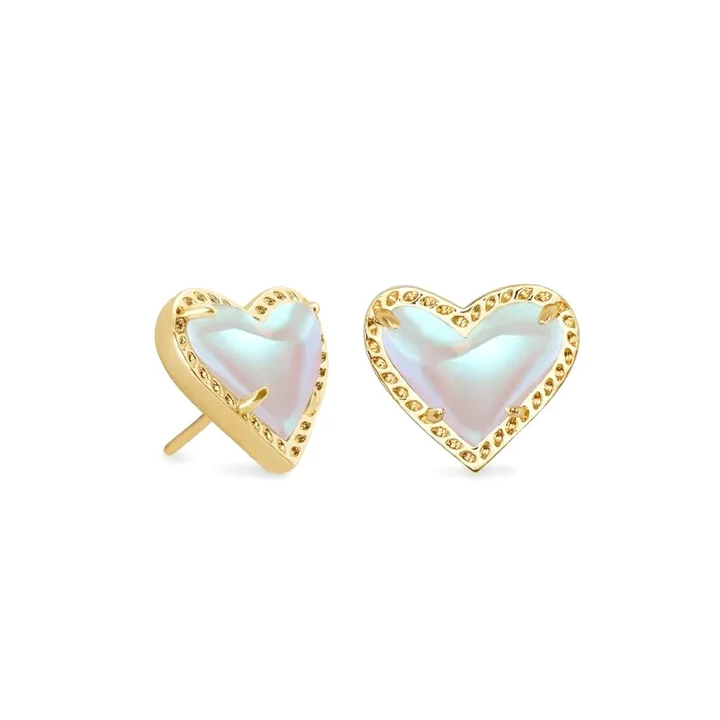 Sterling Silver Earrings for Women-Kendra Scott | Ari Heart Gold Stud Earrings in Dichroic Glass