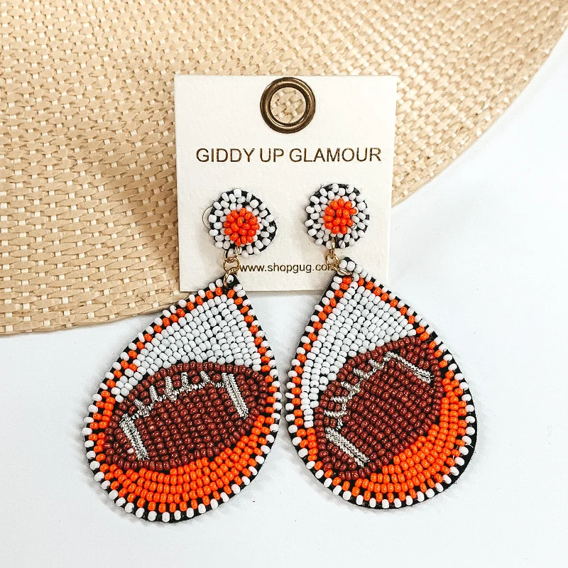 Heart Shaped Earrings-Game Day Ready Beaded Teardrop Earrings in White and Orange