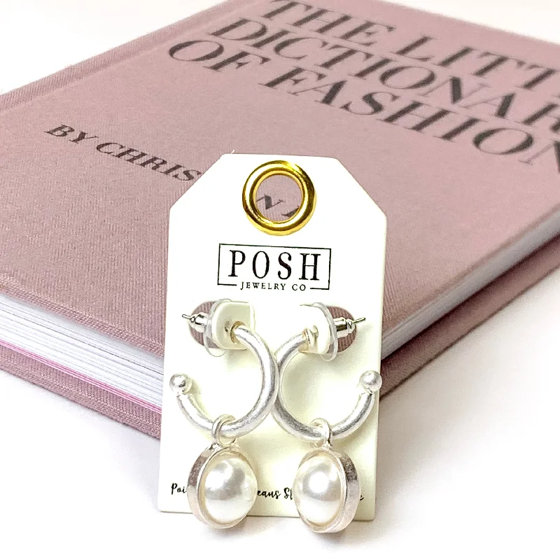 Silver Earrings with Diamonds-Posh By Pink Panache | Huggie Hoop Earrings with Pearl Charm in Silver