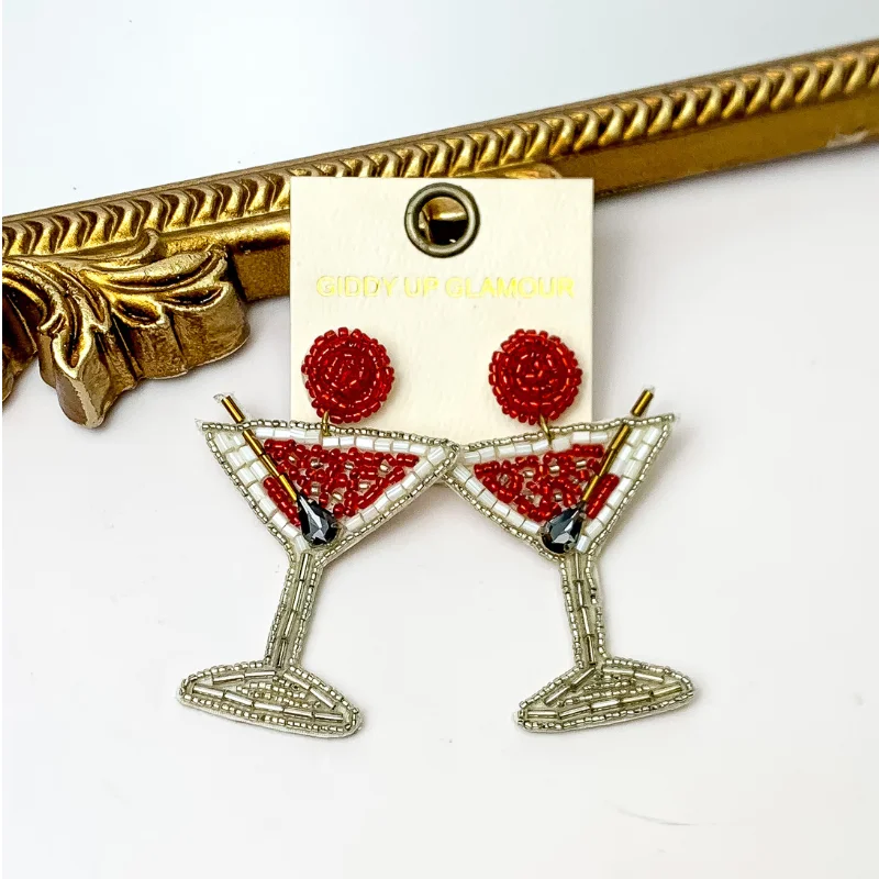 Long Chandelier Earrings-Beaded Martini Earrings in Red