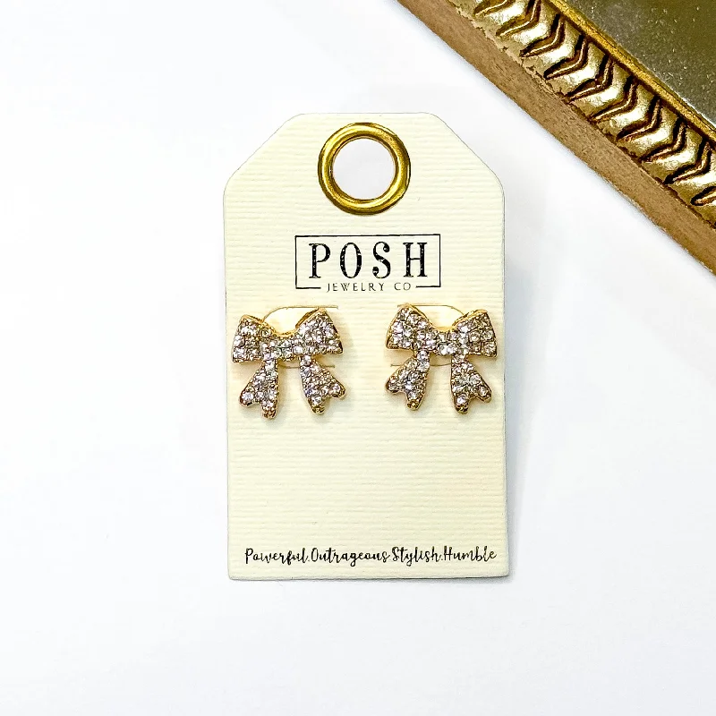 Chic Bridal Earrings-Posh by Pink Panache | Twinkle Bow Gold Tone Stud Earrings