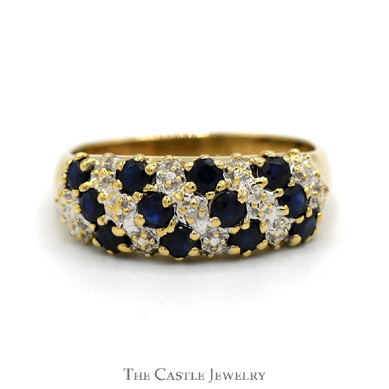 Vintage Engagement Ring Set-Diagonally Set Sapphire and Diamond Cluster Band Ring in 10k Yellow Gold