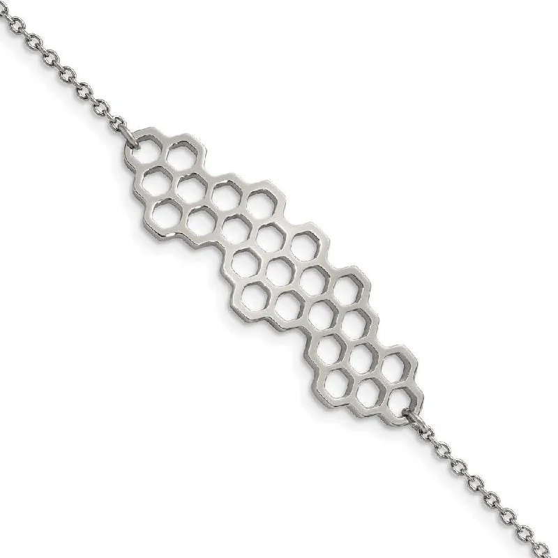 Women’s Adjustable Beaded Bracelet-Stainless Steel Polished Honeycomb 7in with 1in ext. Bracelet