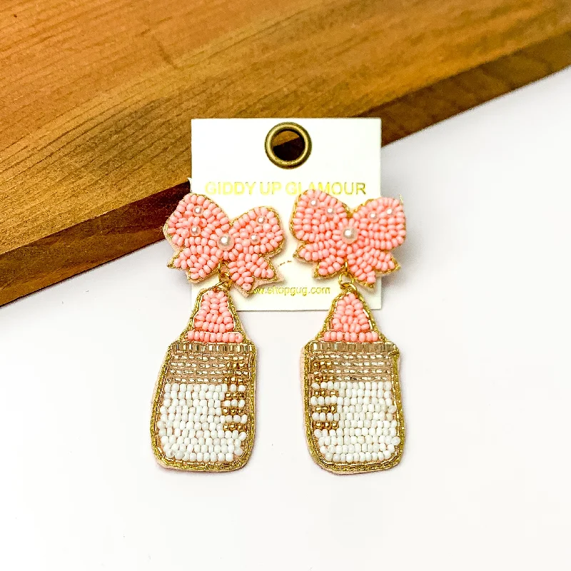 Trendy Silver Earrings-Baby Pink and White Beaded Bottle Earrings with Pink Bow Studs