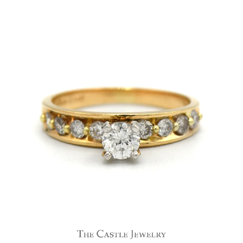 Custom Sterling Silver Ring-Round Diamond Engagement Ring with Diamond Accented Sides in 14k Yellow Gold