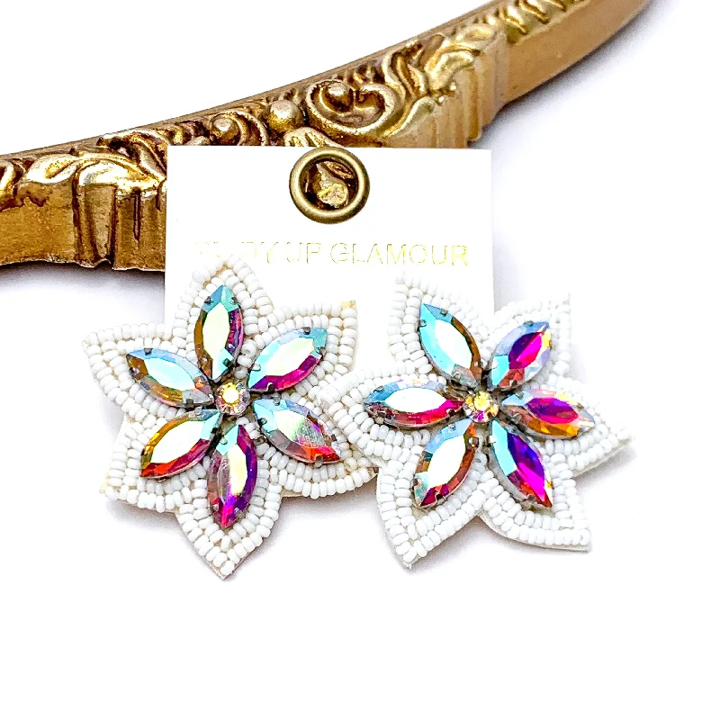 Luxury Diamond Earrings-Prismatic Petals Seed Bead Flower Stud Earrings with AB stones in White