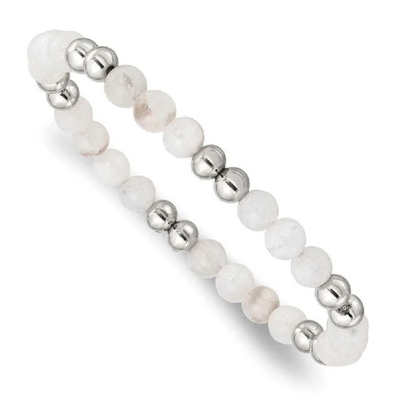 Gemstone Tennis Bracelet-Stainless Steel Polished White Moonstone Beaded Stretch Bracelet